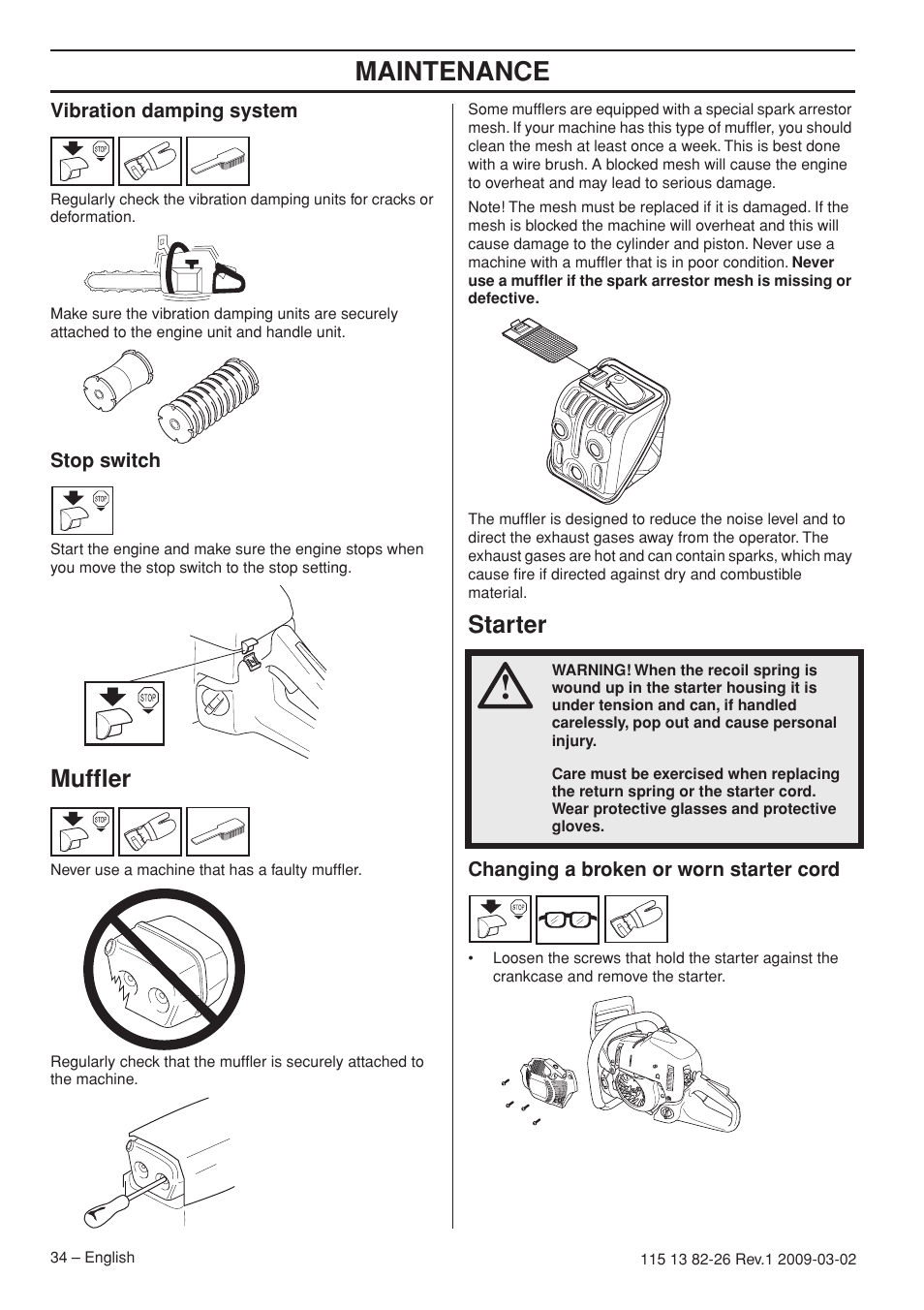 Vibration damping system, Stop switch, Muffler | Starter, Changing a broken or worn starter cord, Maintenance | Husqvarna Rancher 455 User Manual | Page 34 / 44