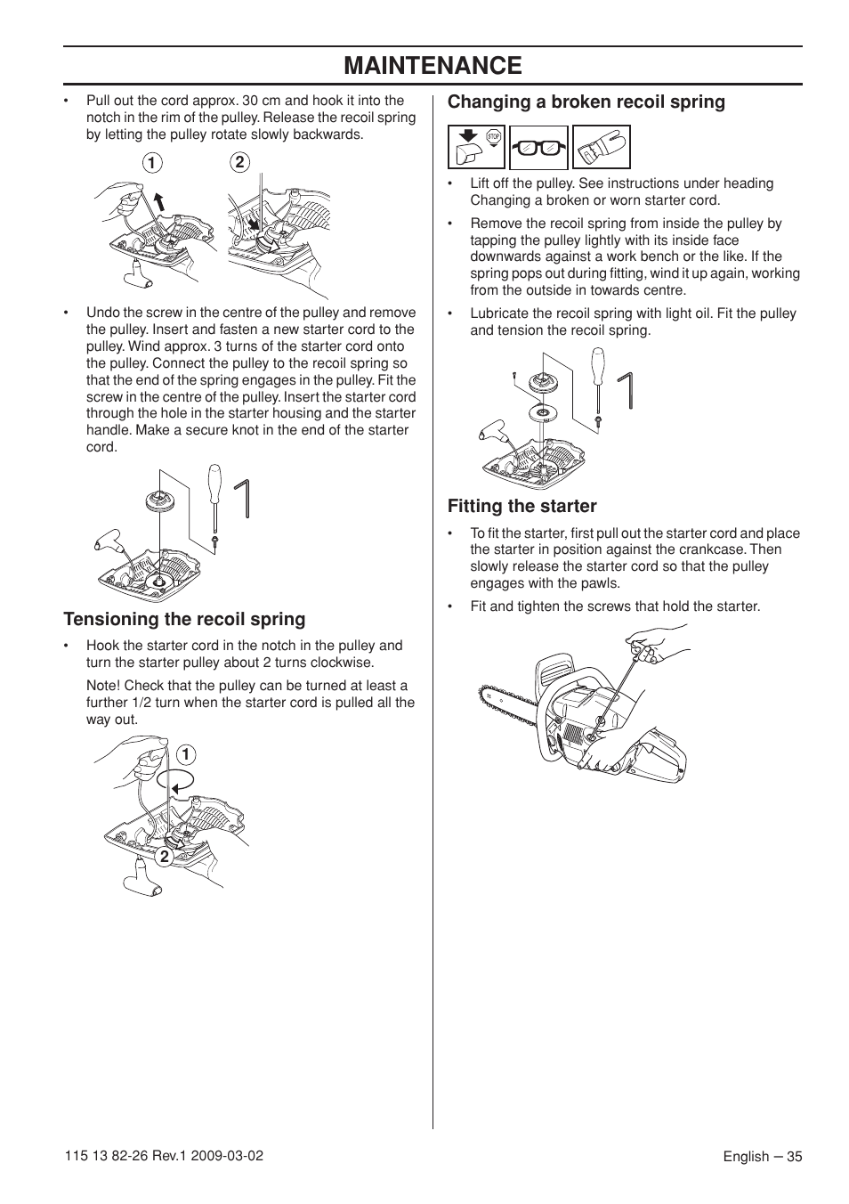 Tensioning the recoil spring, Changing a broken recoil spring, Fitting the starter | Maintenance | Husqvarna Rancher 455 User Manual | Page 35 / 44