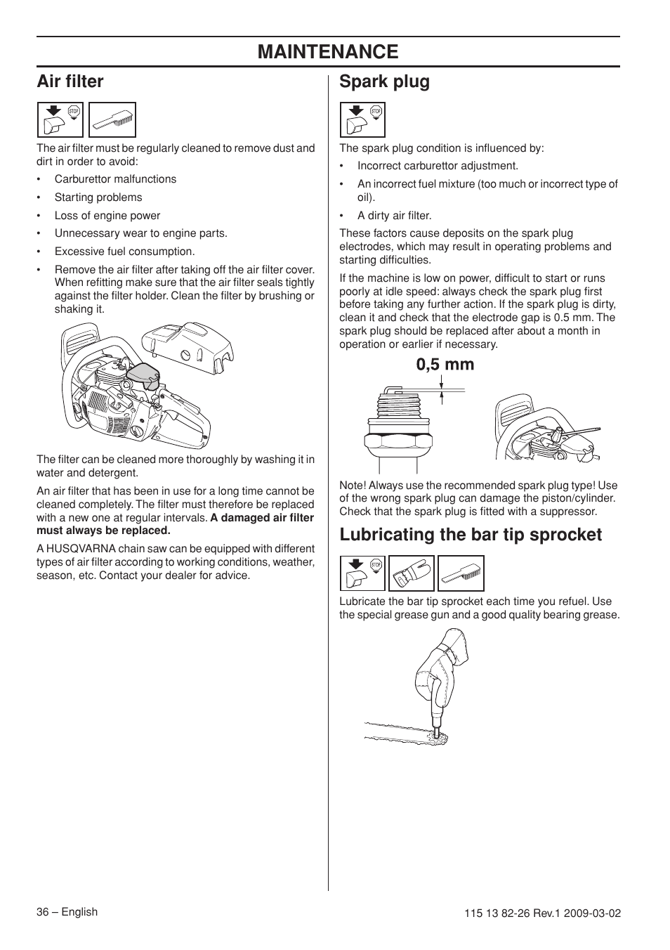 Air filter, Spark plug, Lubricating the bar tip sprocket | Maintenance | Husqvarna Rancher 455 User Manual | Page 36 / 44