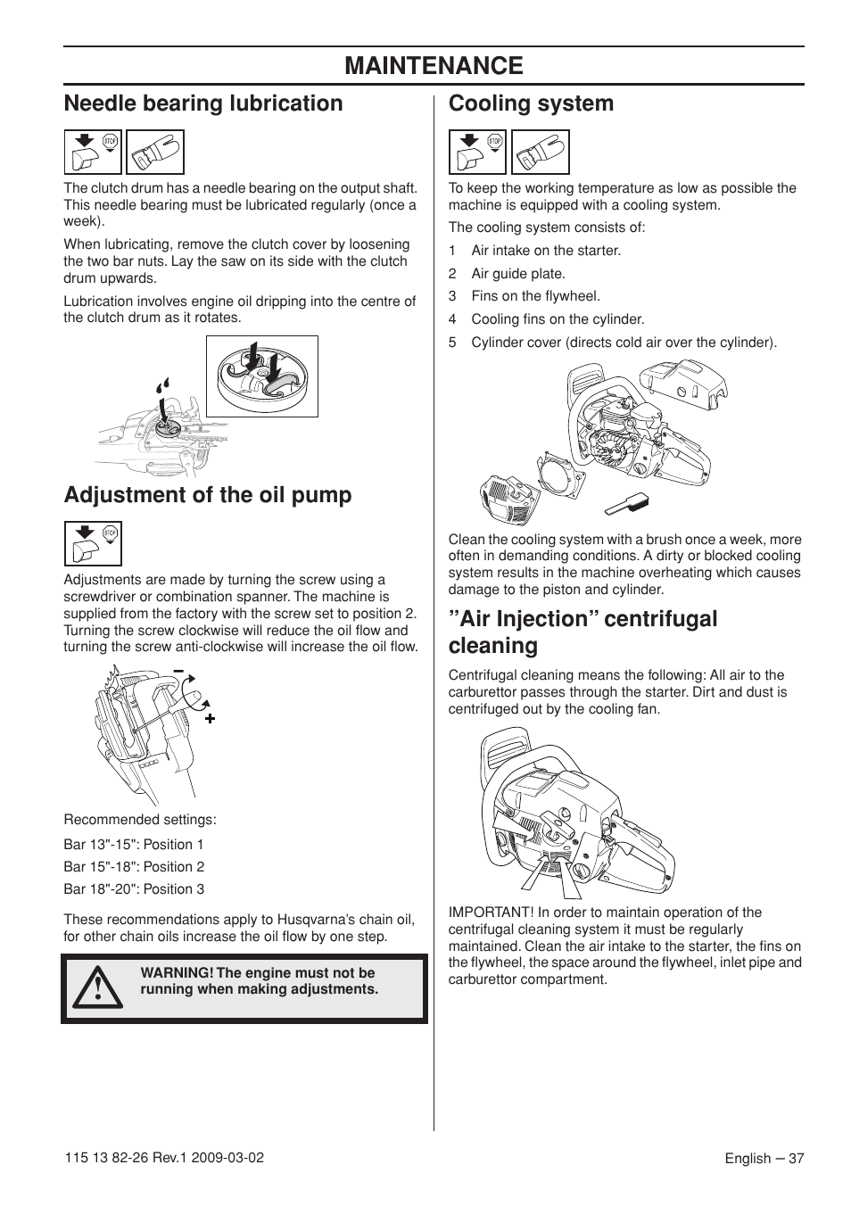 Needle bearing lubrication, Adjustment of the oil pump, Cooling system | Air injection” centrifugal cleaning, Maintenance | Husqvarna Rancher 455 User Manual | Page 37 / 44