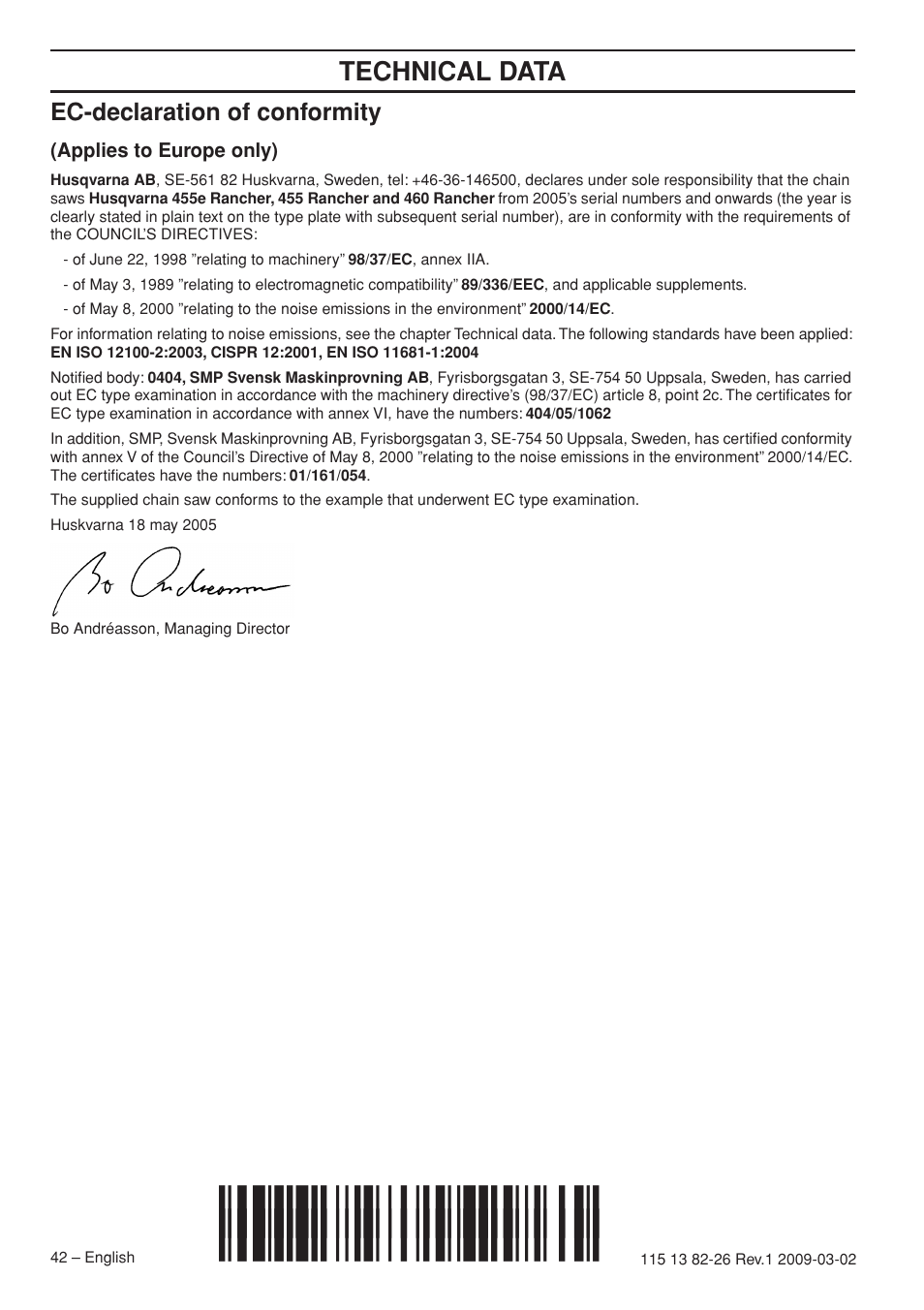 Ec-declaration of conformity, Applies to europe only), Z+sf6¶6g | Technical data | Husqvarna Rancher 455 User Manual | Page 42 / 44
