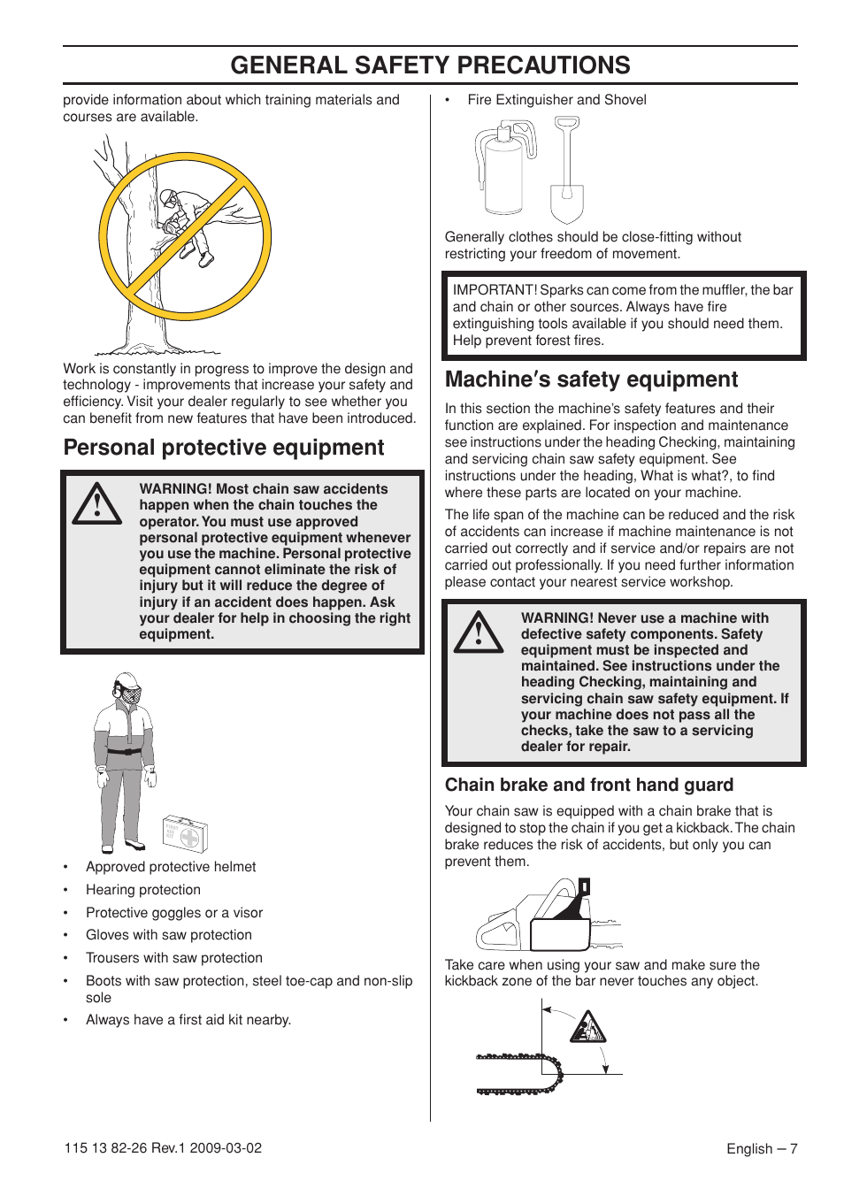 Personal protective equipment, Machine¢s safety equipment, Chain brake and front hand guard | General safety preca utions, P ersonal protective equipment, Mac hine ′′′′ s safety equipment | Husqvarna Rancher 455 User Manual | Page 7 / 44