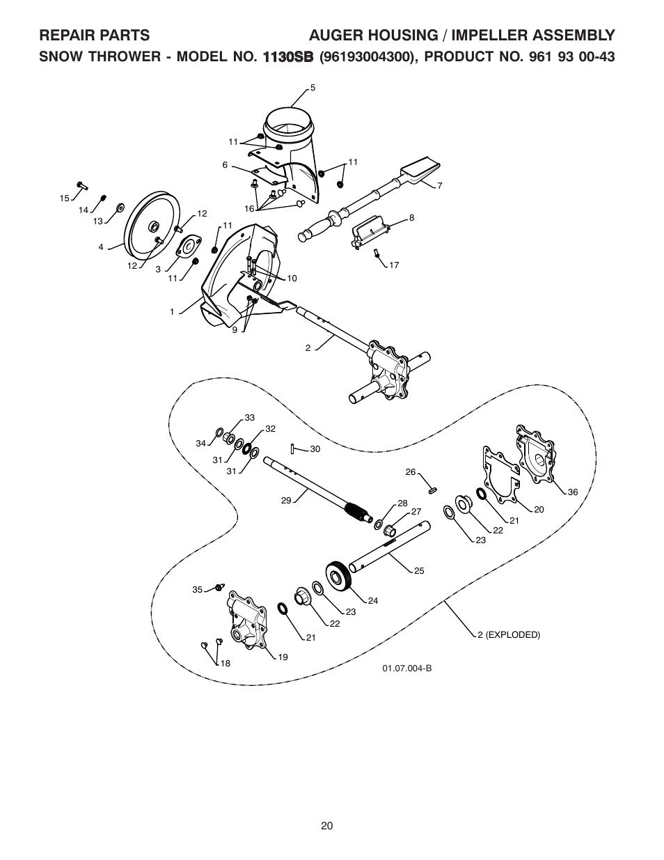 Repair parts, Auger gearbox / impeller, Repair parts auger housing / impeller assembly | Husqvarna 1130SB User Manual | Page 20 / 40