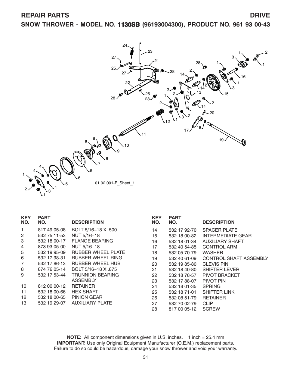 Drive, Repair parts drive | Husqvarna 1130SB User Manual | Page 31 / 40