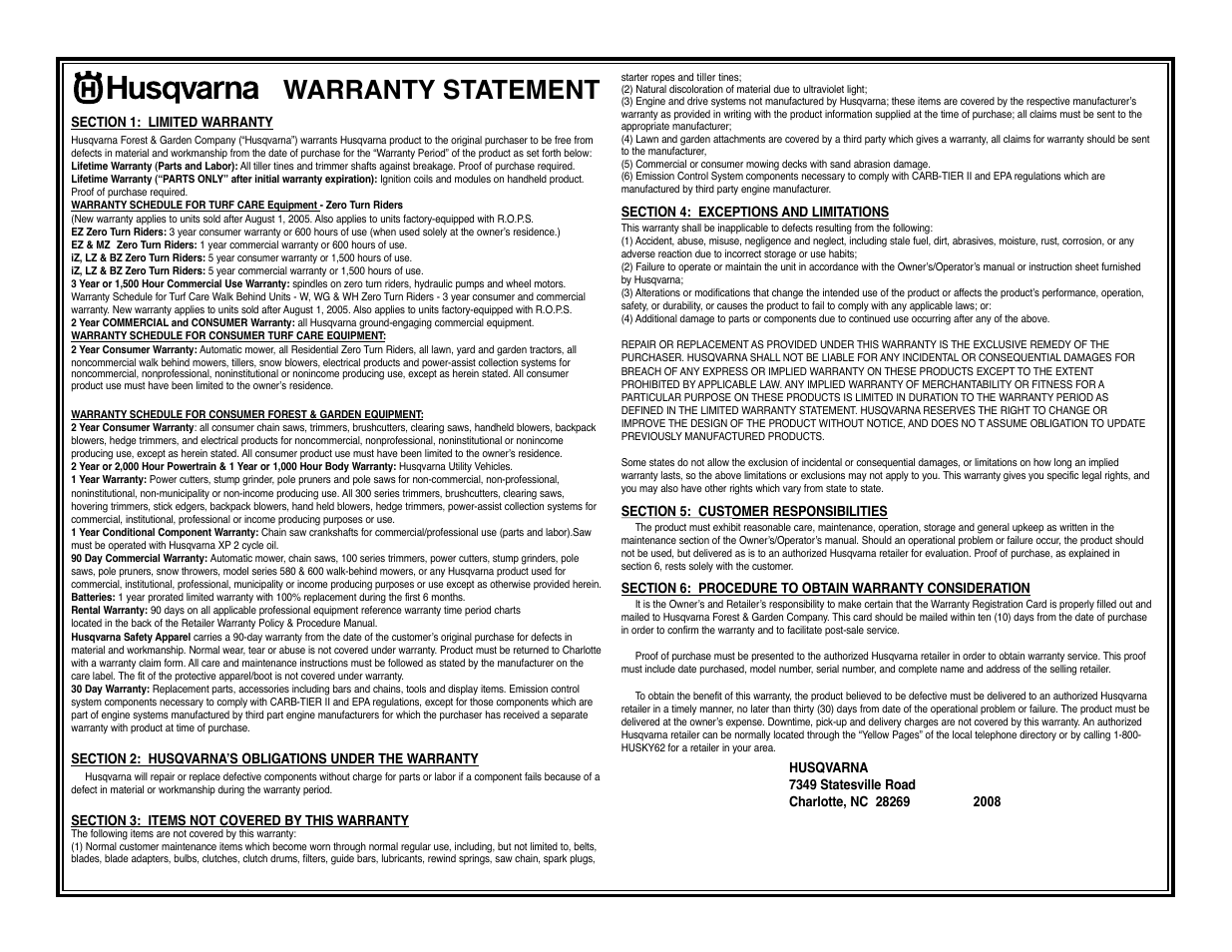 Warranty statement | Husqvarna H346SL User Manual | Page 11 / 11