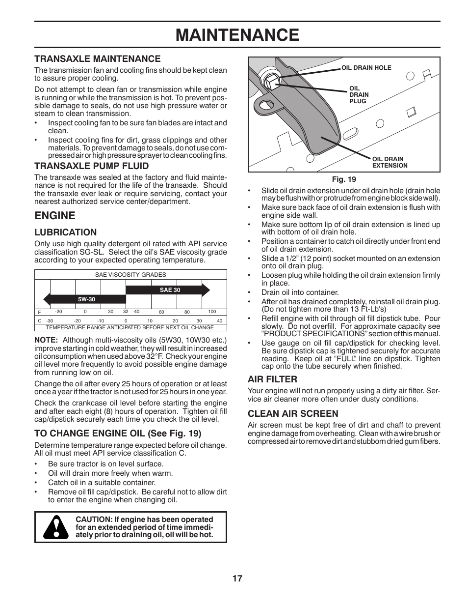 Maintenance, Engine, 17 transaxle maintenance | Transaxle pump fluid, Air filter, Clean air screen, Lubrication | Husqvarna 917.2896 User Manual | Page 17 / 52