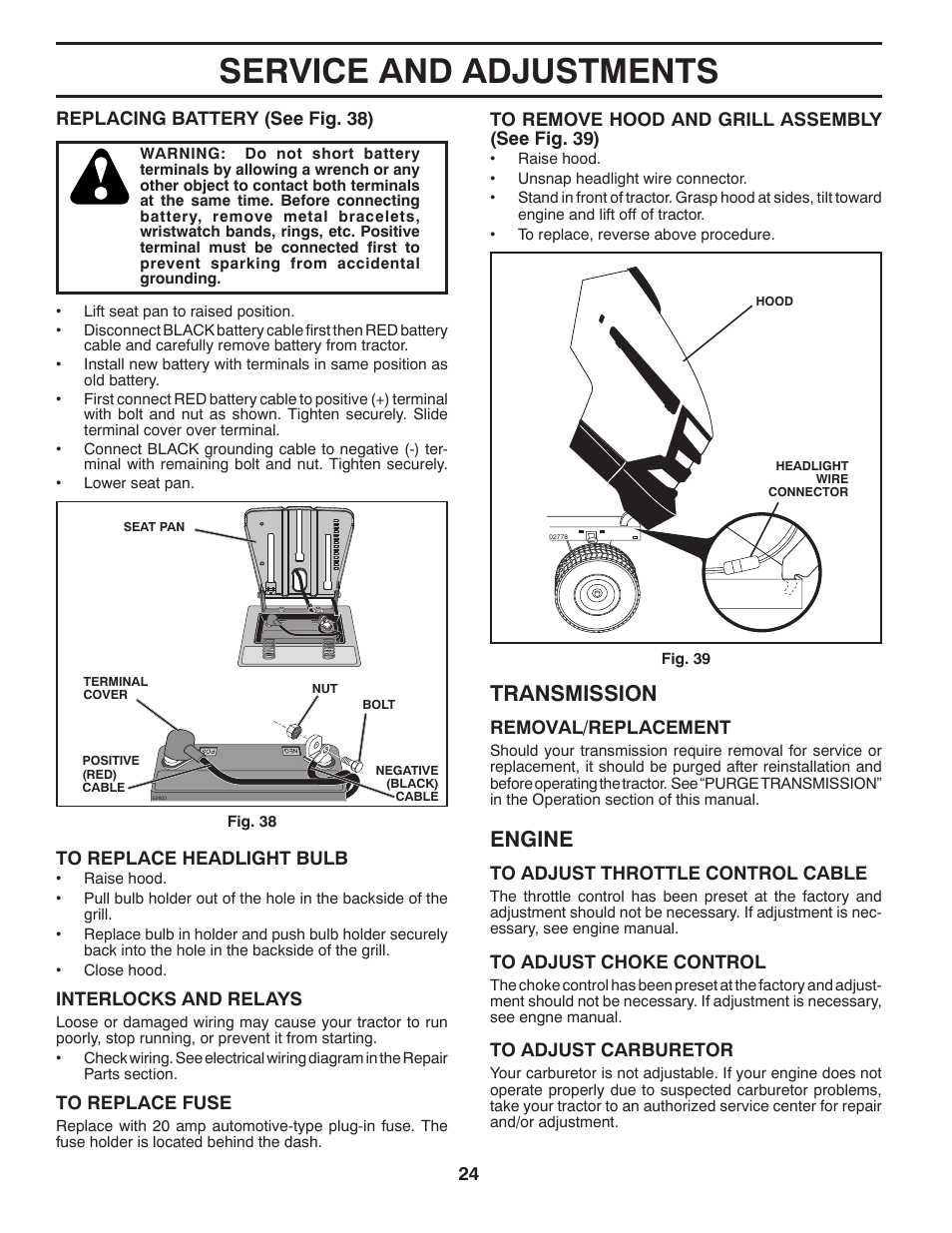 Service and adjustments, Transmission, Engine | Husqvarna 917.2896 User Manual | Page 24 / 52