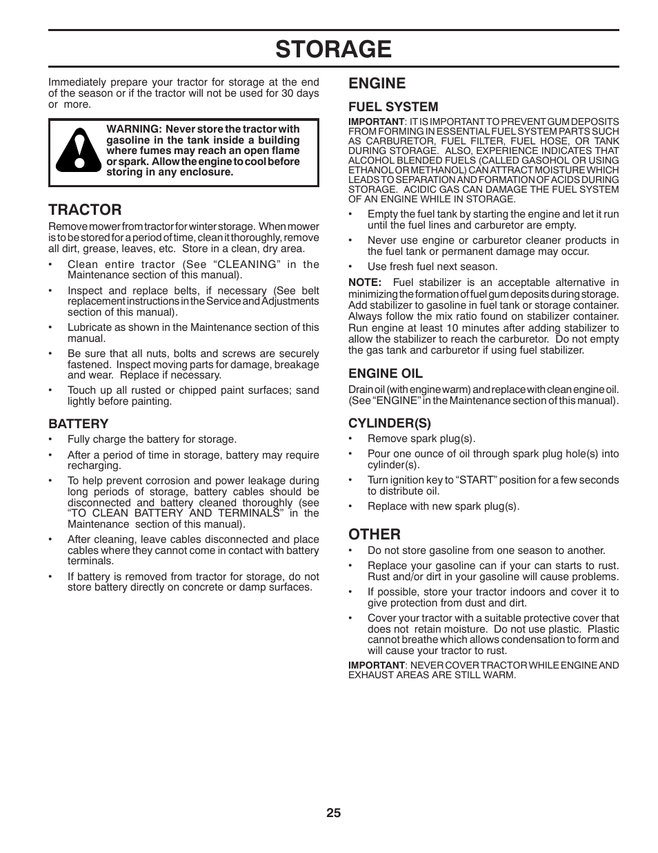 Storage, Tractor, Engine | Other | Husqvarna 917.2896 User Manual | Page 25 / 52