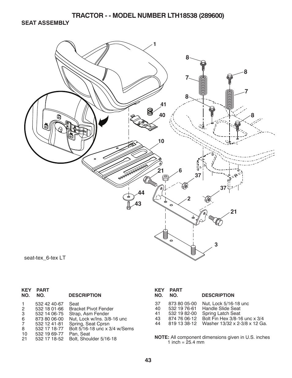 Seat assembly | Husqvarna 917.2896 User Manual | Page 43 / 52