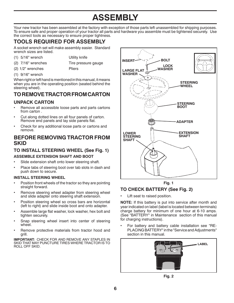 Assembly, Before removing tractor from skid, Tools required for assembly | Husqvarna 917.2896 User Manual | Page 6 / 52