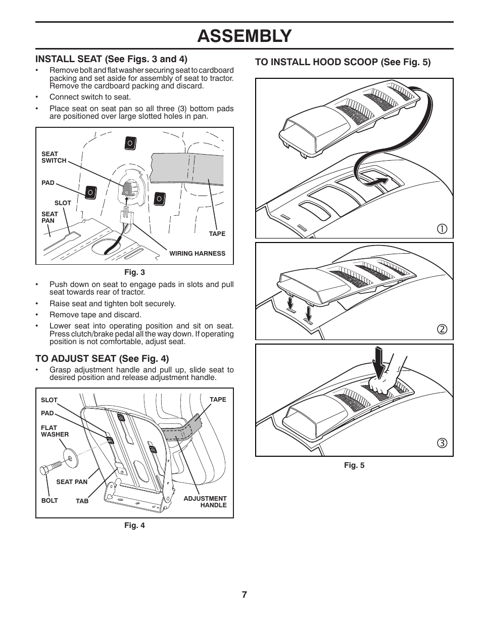 Assembly, Install seat (see figs. 3 and 4) | Husqvarna 917.2896 User Manual | Page 7 / 52