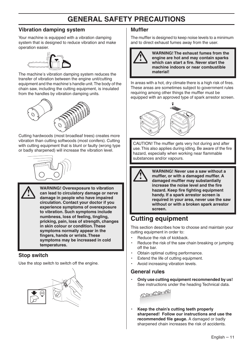 Vibration damping system, Stop switch, Muffler | Cutting equipment, General rules, General safety precautions | Husqvarna 1151435-95 User Manual | Page 11 / 44
