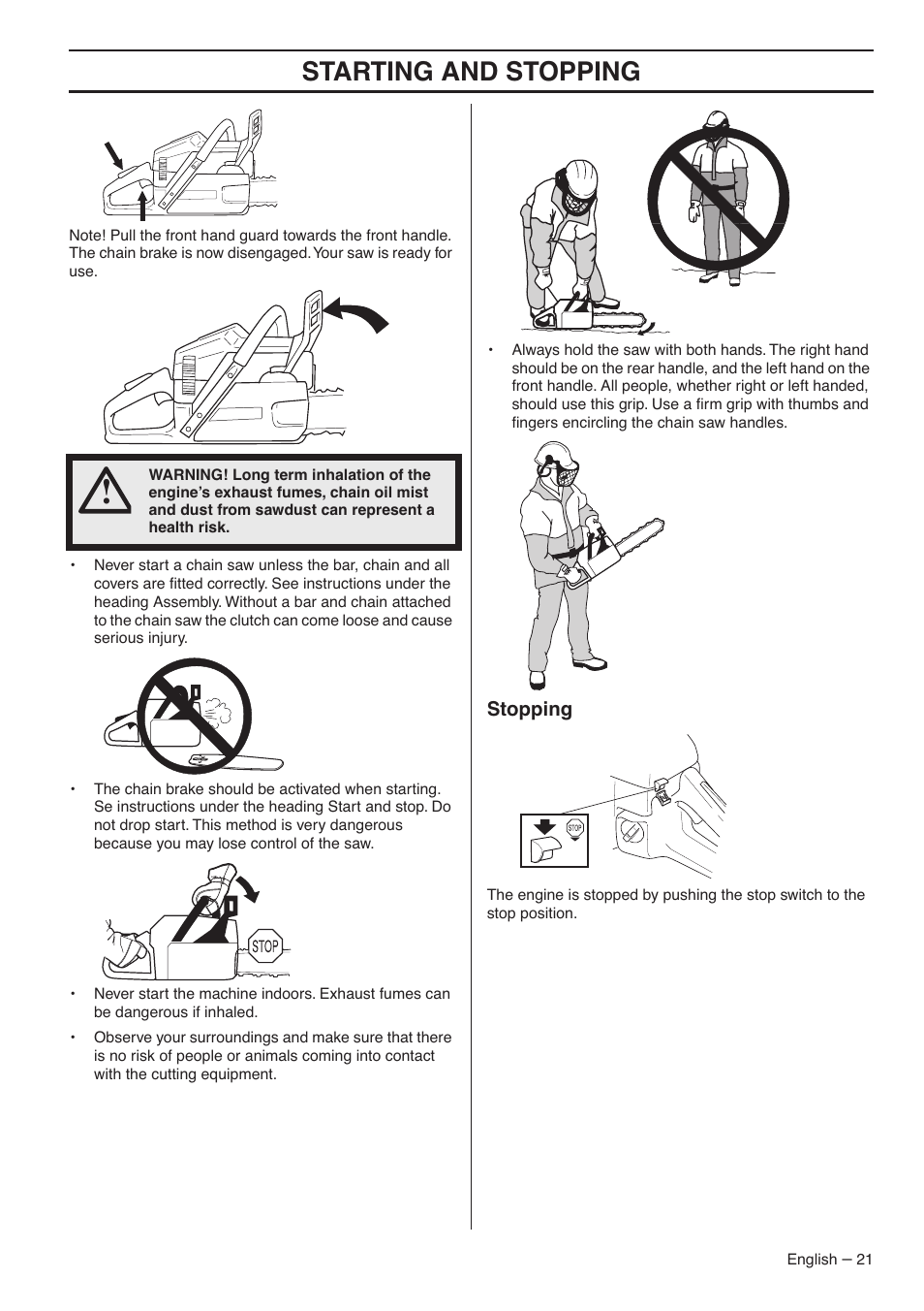 Stopping, Starting and stopping | Husqvarna 1151435-95 User Manual | Page 21 / 44