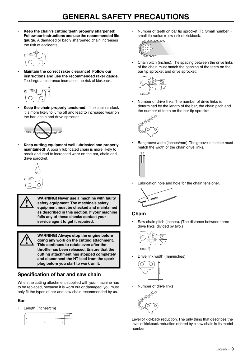 Specification of bar and saw chain, Chain, General safety precautions | Husqvarna 323P4 User Manual | Page 9 / 32