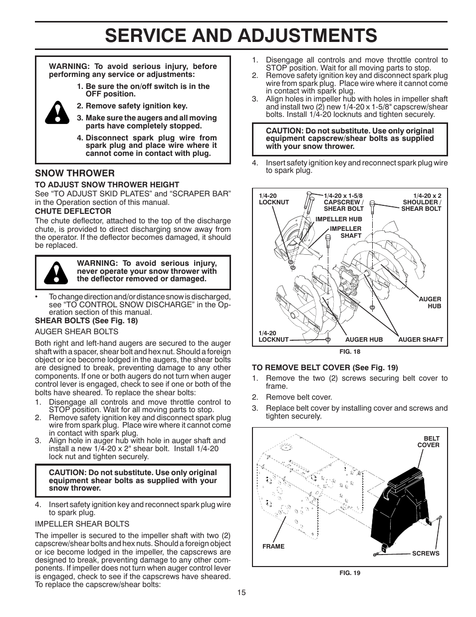 Service & adjustments, Service and adjustments, Snow thrower | Husqvarna 12524SB User Manual | Page 15 / 20