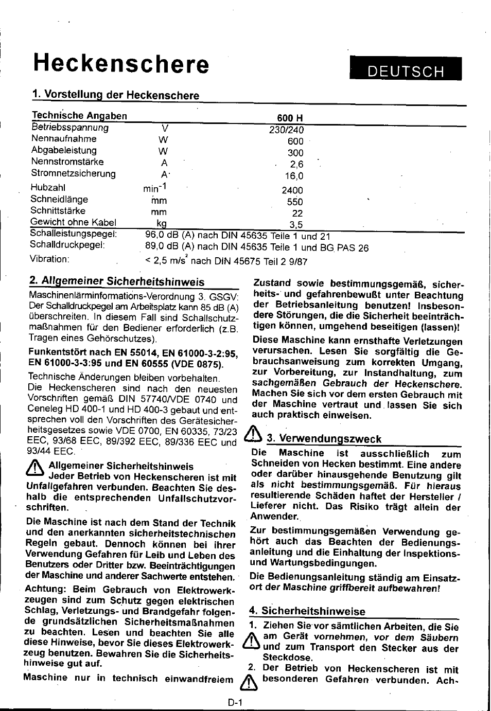 Heckenschere, Deutsch | Husqvarna 600H User Manual | Page 11 / 54