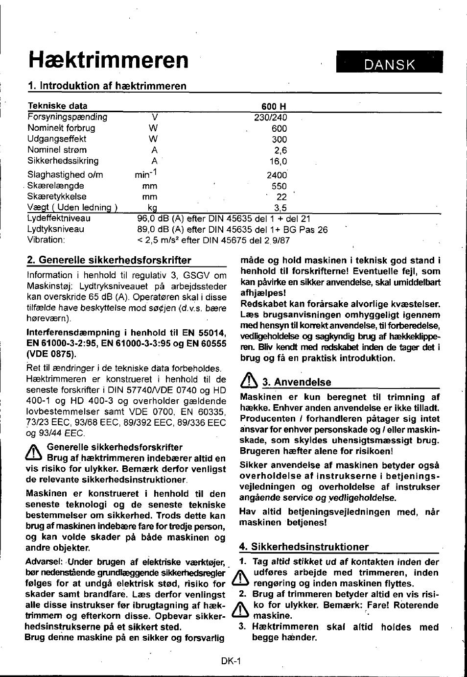 Hæktrimmeren, Dansk | Husqvarna 600H User Manual | Page 43 / 54