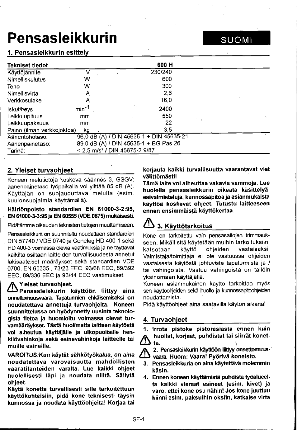 Pensasleikkurin, Suomi | Husqvarna 600H User Manual | Page 47 / 54