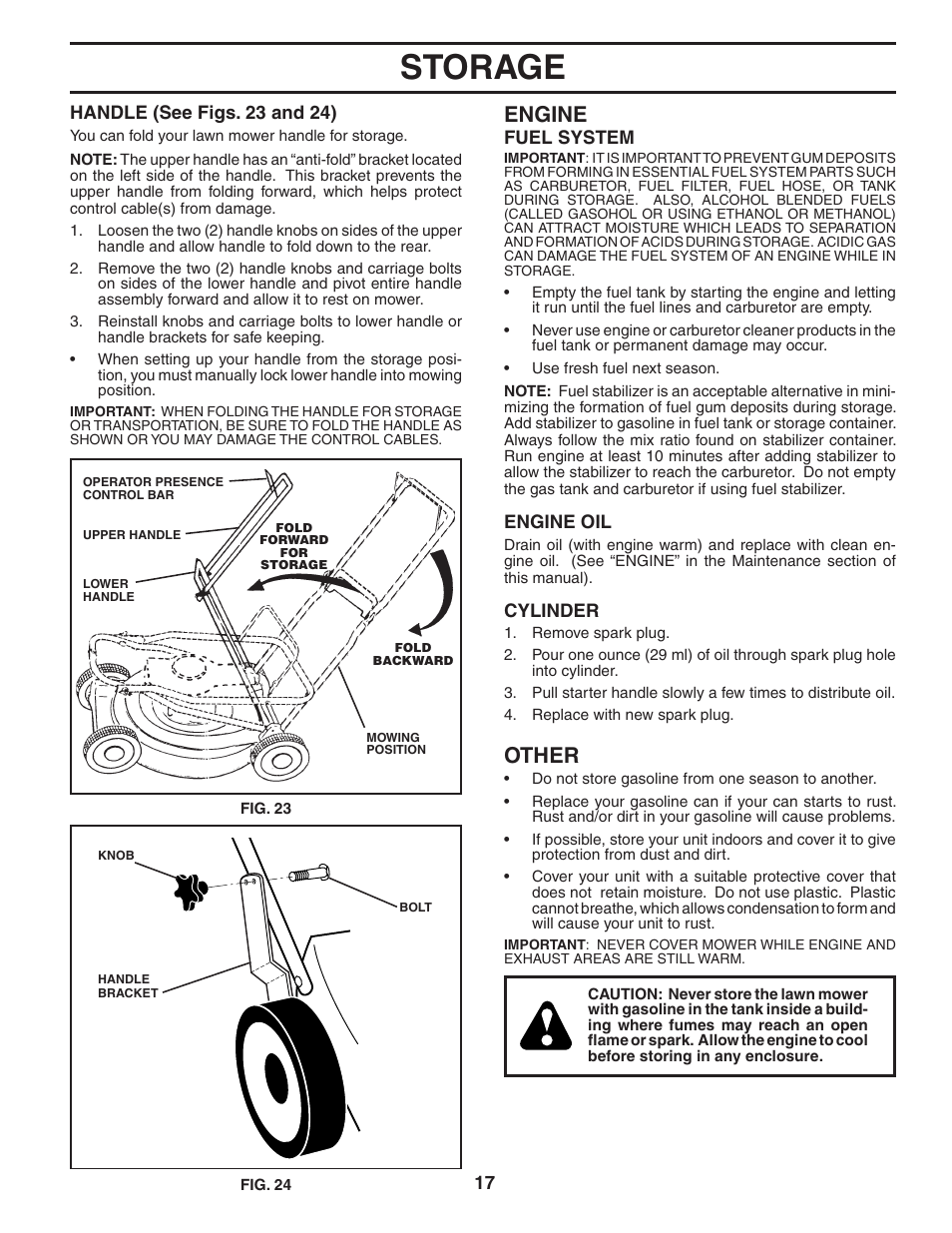 Storage, Engine, Other | Husqvarna 55C21HV User Manual | Page 17 / 24