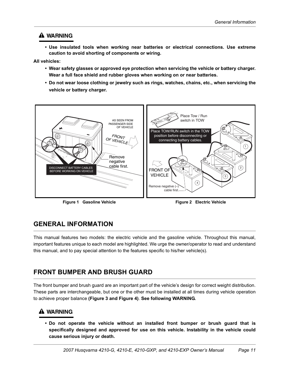 General information, Front bumper and brush guard, T (figure 1) | N (figure 2, Warning, Remove negative cable first, Front of vehicle | Husqvarna HUV4210-G User Manual | Page 13 / 60