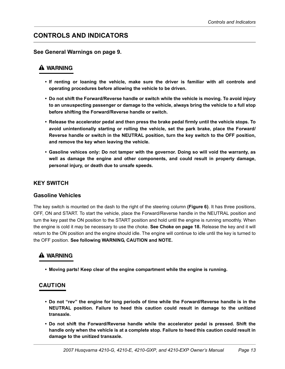 Controls and indicators, Key switch | Husqvarna HUV4210-G User Manual | Page 15 / 60