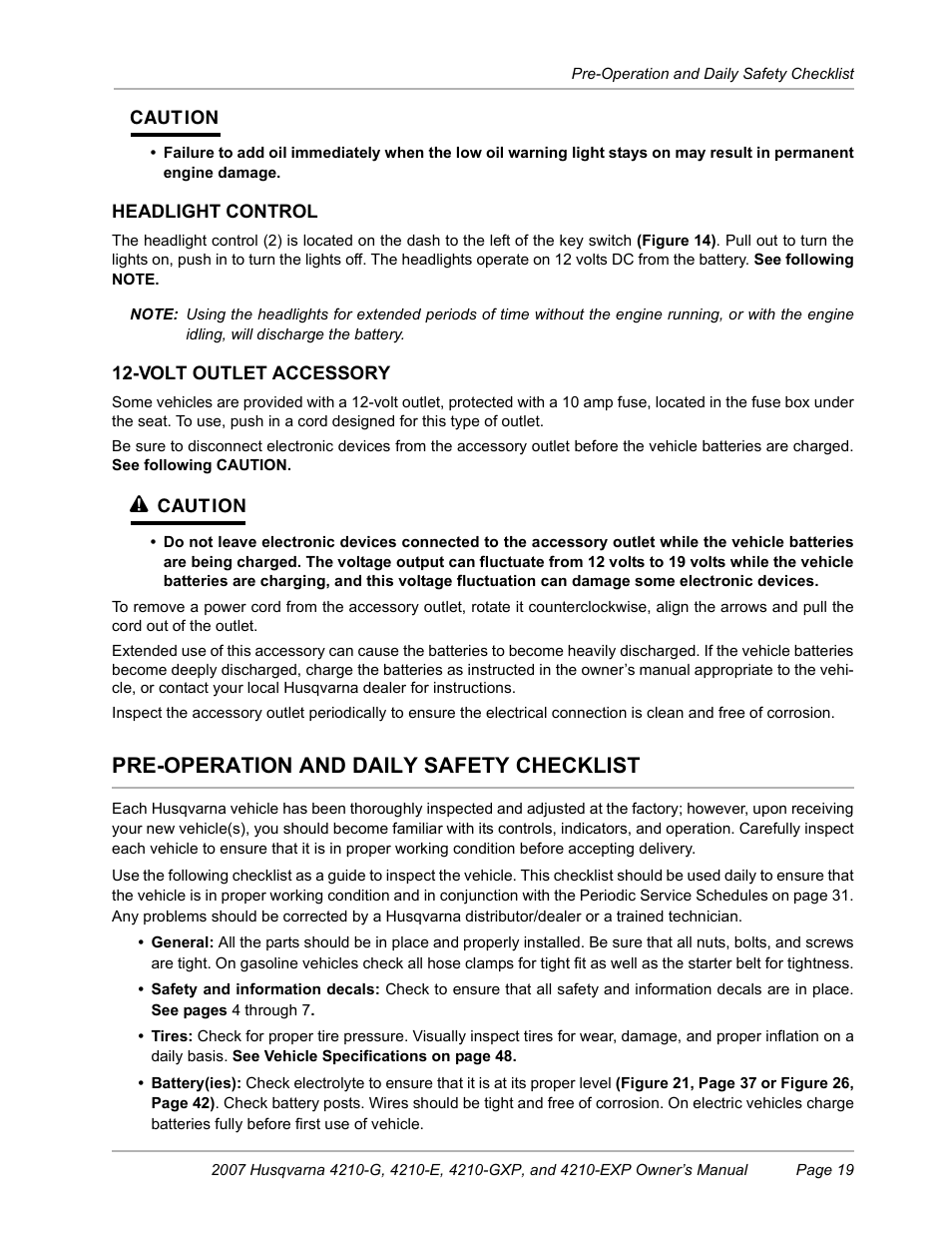 Headlight control, Volt outlet accessory, Pre-operation and daily safety checklist | Husqvarna HUV4210-G User Manual | Page 21 / 60