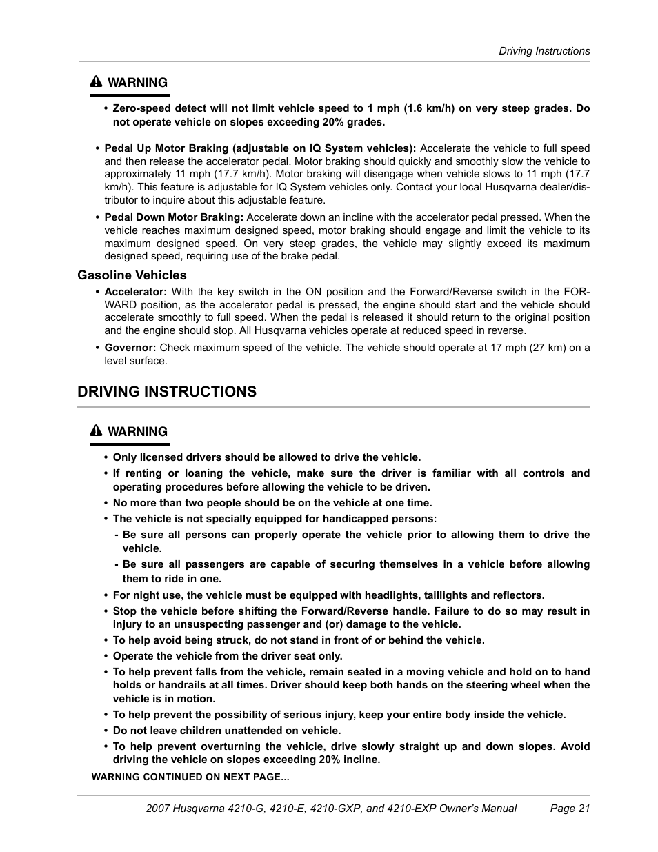 Driving instructions, Driving instructions ý | Husqvarna HUV4210-G User Manual | Page 23 / 60
