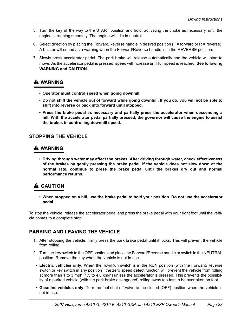 Stopping the vehicle, Parking and leaving the vehicle | Husqvarna HUV4210-G User Manual | Page 25 / 60