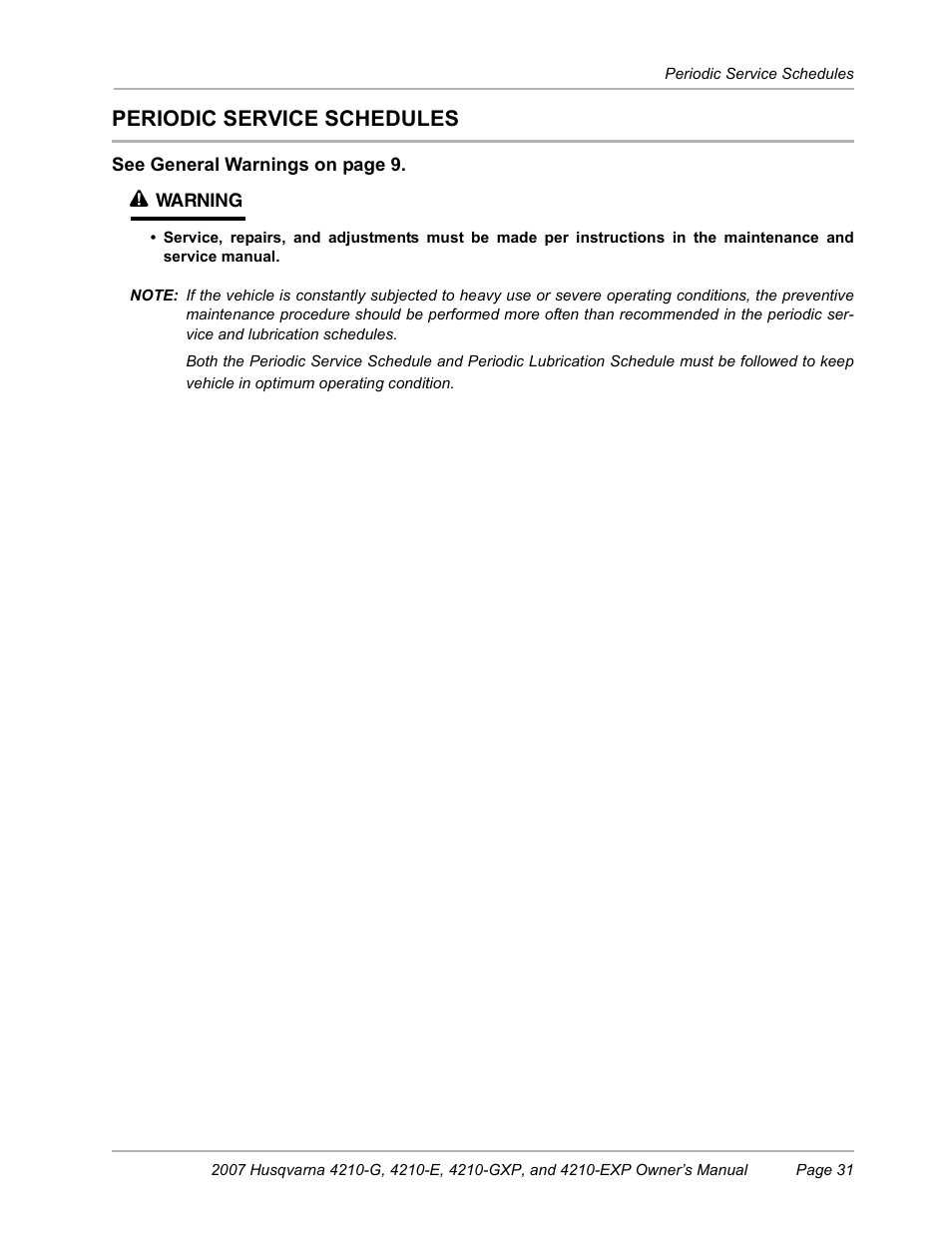 Periodic service schedules | Husqvarna HUV4210-G User Manual | Page 33 / 60