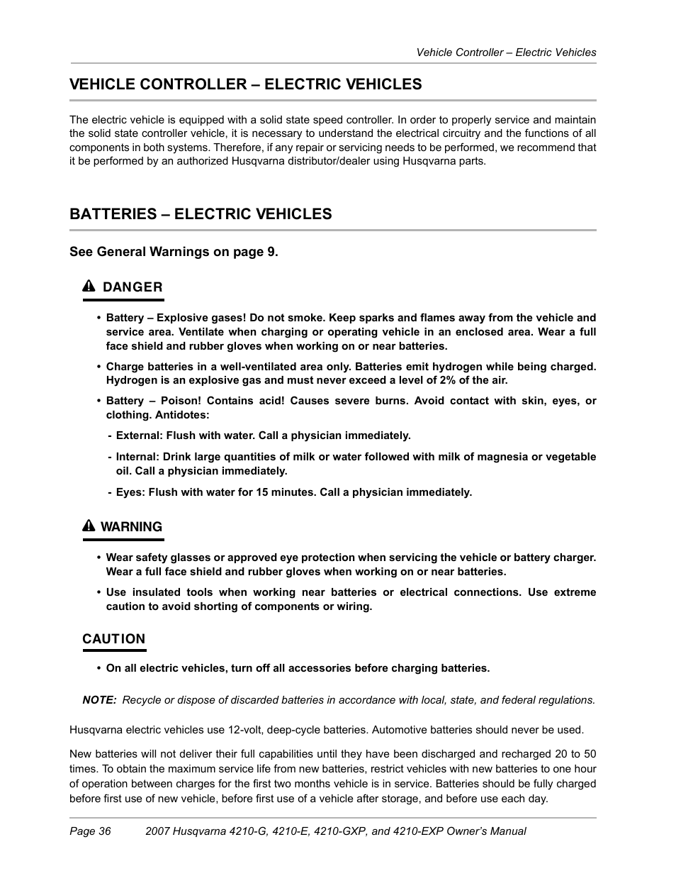 Vehicle controller - electric vehicles, Batteries - electric vehicles, Vehicle controller – electric vehicles | Batteries – electric vehicles | Husqvarna HUV4210-G User Manual | Page 38 / 60