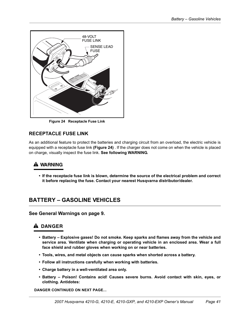Receptacle fuse link, Battery - gasoline vehicles, Battery – gasoline vehicles | Husqvarna HUV4210-G User Manual | Page 43 / 60