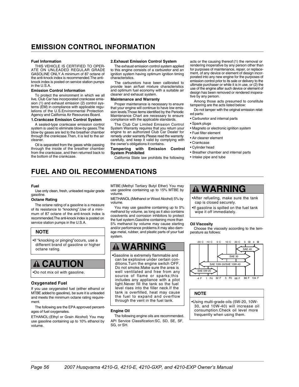 Caution warning warning, Fuel and oil recommendations, Emission control information | Husqvarna HUV4210-G User Manual | Page 58 / 60