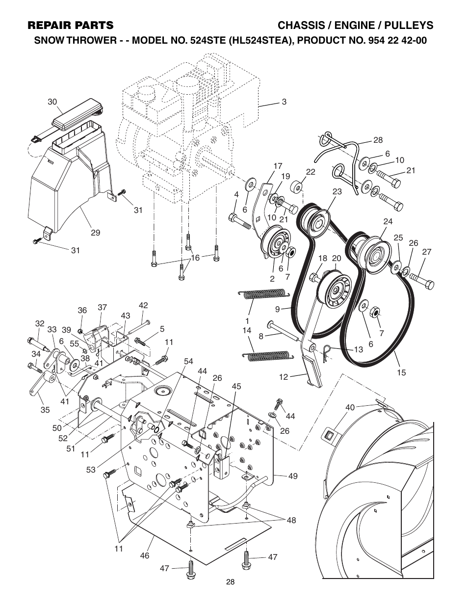 Chassis/ engine/ pulleys, Repair parts chassis / engine / pulleys | Husqvarna 524STE User Manual | Page 28 / 32