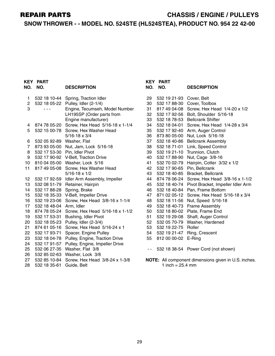 Parts list, Repair parts chassis / engine / pulleys | Husqvarna 524STE User Manual | Page 29 / 32