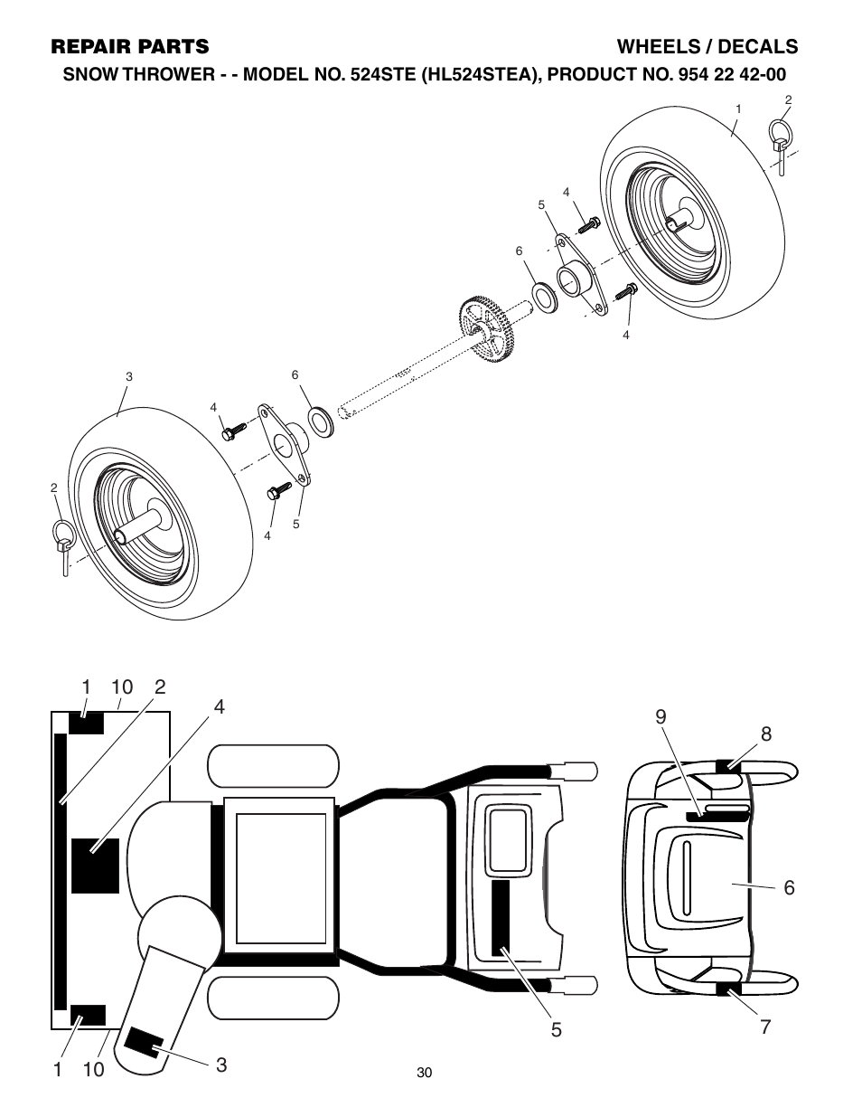 Wheels/ decals, Repair parts wheels / decals | Husqvarna 524STE User Manual | Page 30 / 32