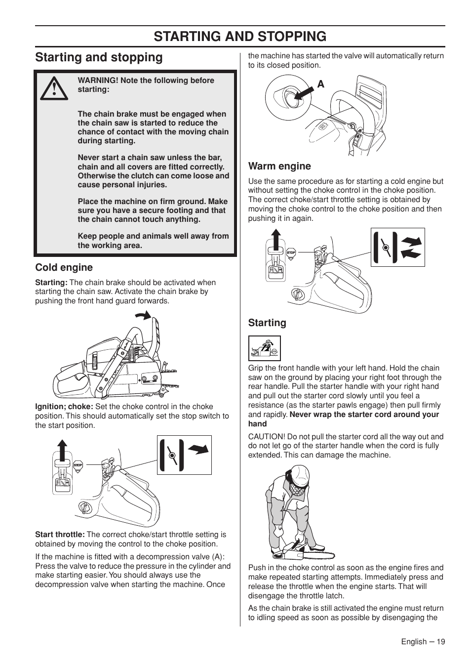 Starting and stopping, Cold engine, Warm engine | Starting | Husqvarna 1152353-95 User Manual | Page 19 / 44