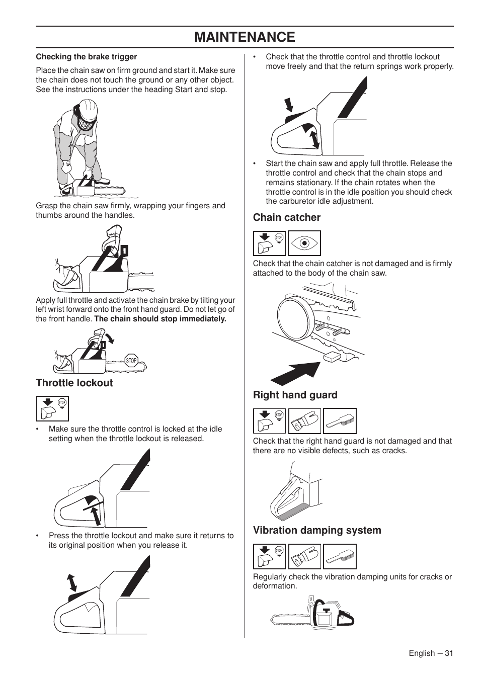 Throttle lockout, Chain catcher, Right hand guard | Vibration damping system, Maintenance | Husqvarna 1152353-95 User Manual | Page 31 / 44