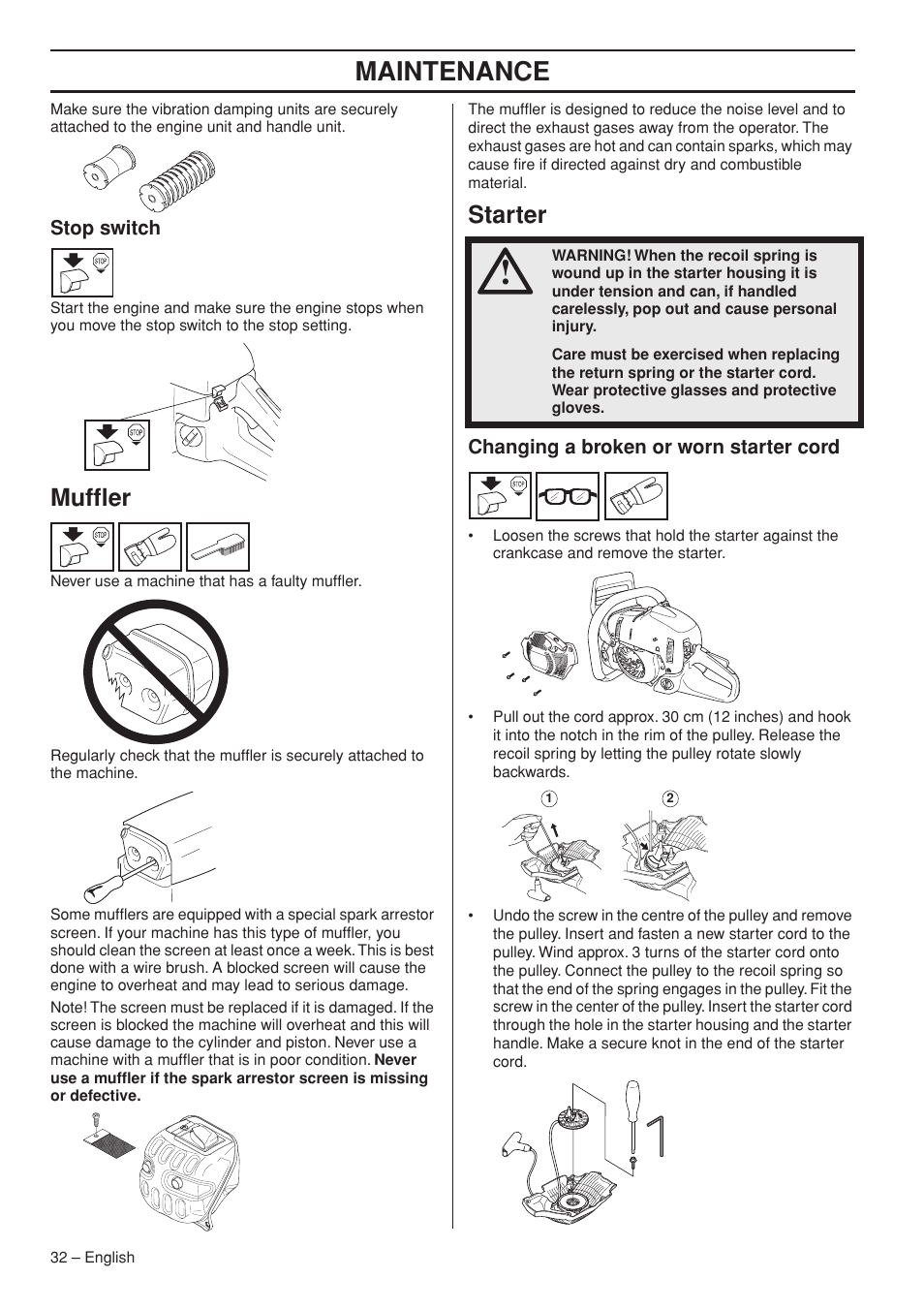 Stop switch, Muffler, Starter | Changing a broken or worn starter cord, Maintenance | Husqvarna 1152353-95 User Manual | Page 32 / 44