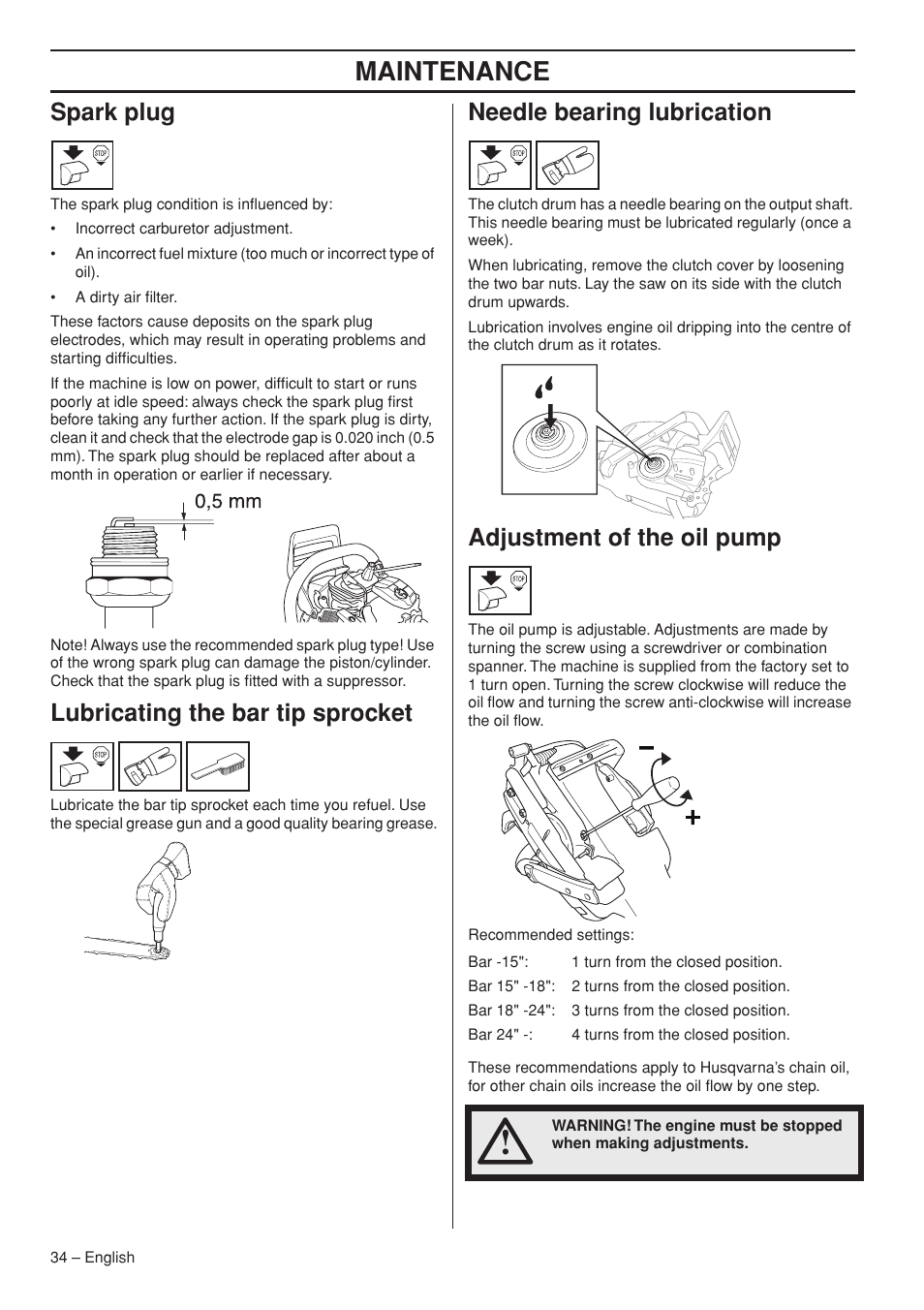 Spark plug, Lubricating the bar tip sprocket, Needle bearing lubrication | Adjustment of the oil pump, Maintenance | Husqvarna 1152353-95 User Manual | Page 34 / 44