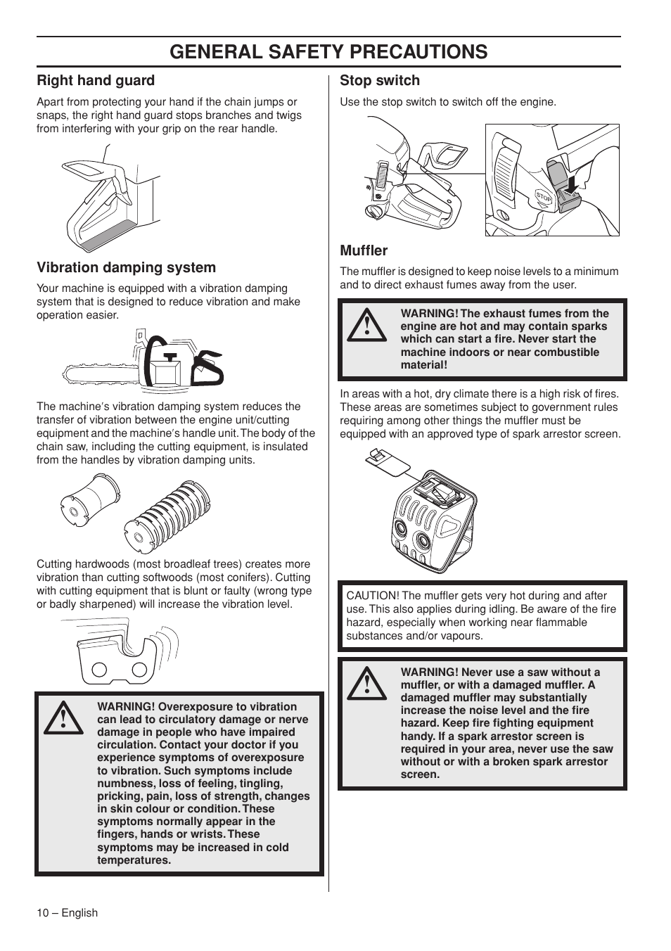 Right hand guard, Vibration damping system, Stop switch | Muffler, General safety precautions | Husqvarna 445e TrioBrake User Manual | Page 10 / 84