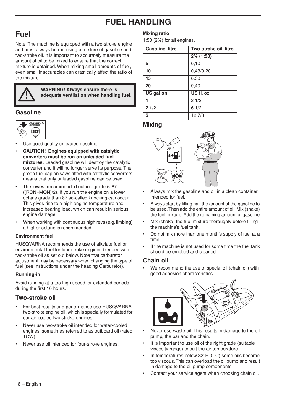 Fuel, Gasoline, Two-stroke oil | Mixing, Chain oil, Fuel handling | Husqvarna 445e TrioBrake User Manual | Page 18 / 84