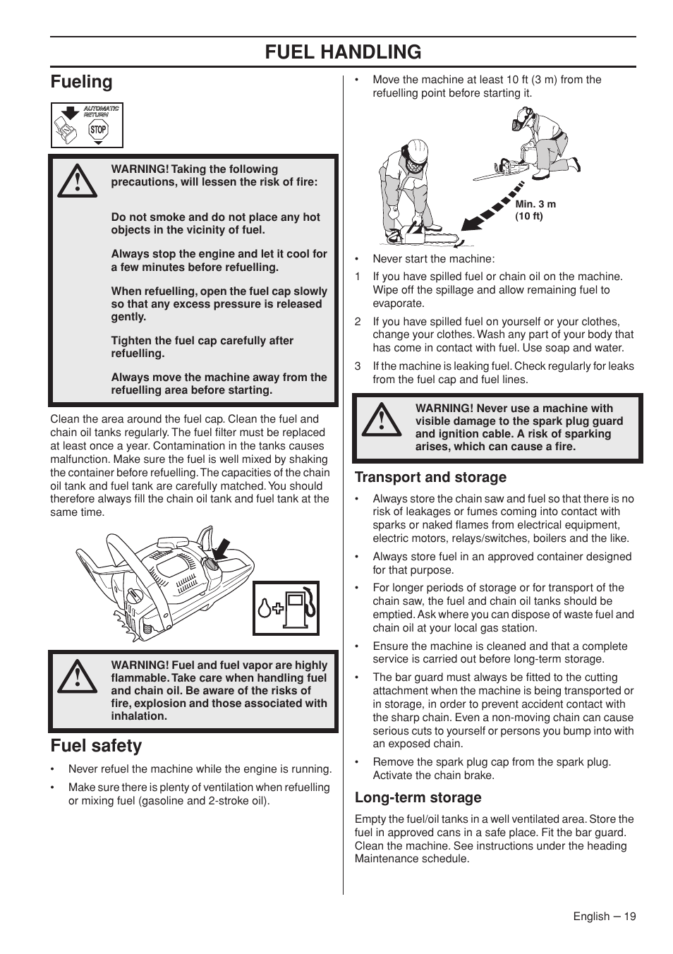 Fueling, Fuel safety, Transport and storage | Long-term storage, Fuel handling | Husqvarna 445e TrioBrake User Manual | Page 19 / 84