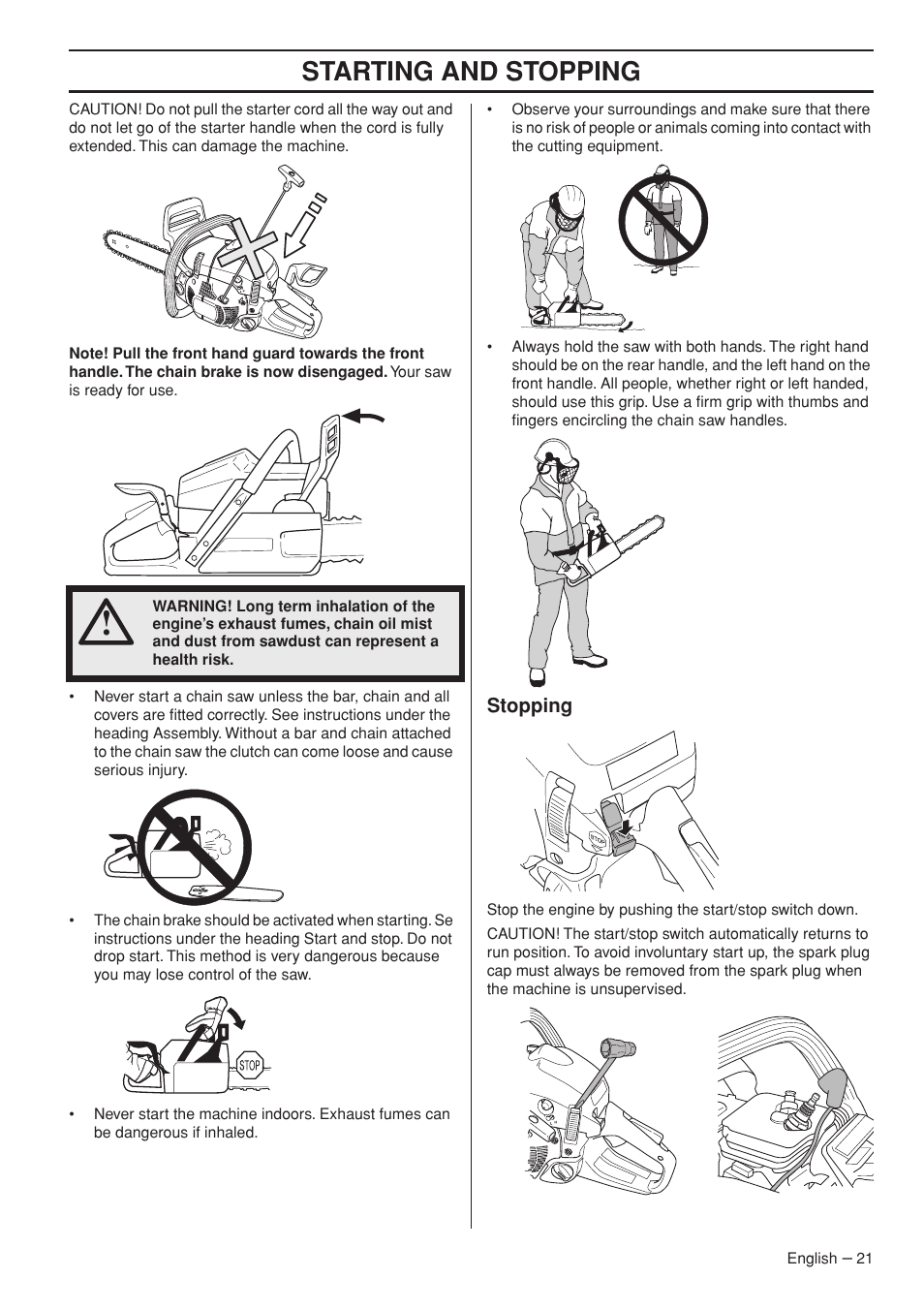 Stopping, Starting and stopping | Husqvarna 445e TrioBrake User Manual | Page 21 / 84