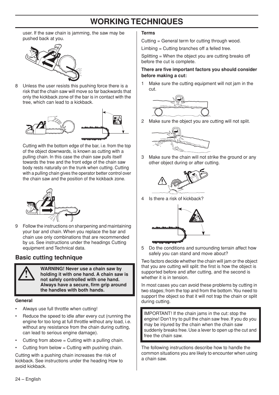 Basic cutting technique, Working techniques | Husqvarna 445e TrioBrake User Manual | Page 24 / 84