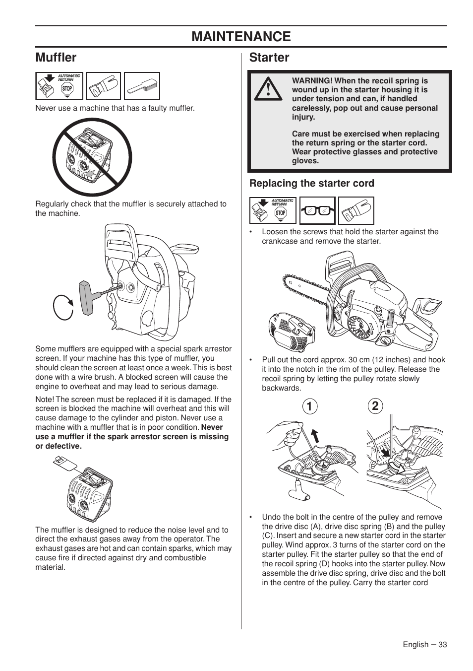 Muffler, Starter, Replacing the starter cord | Maintenance | Husqvarna 445e TrioBrake User Manual | Page 33 / 84
