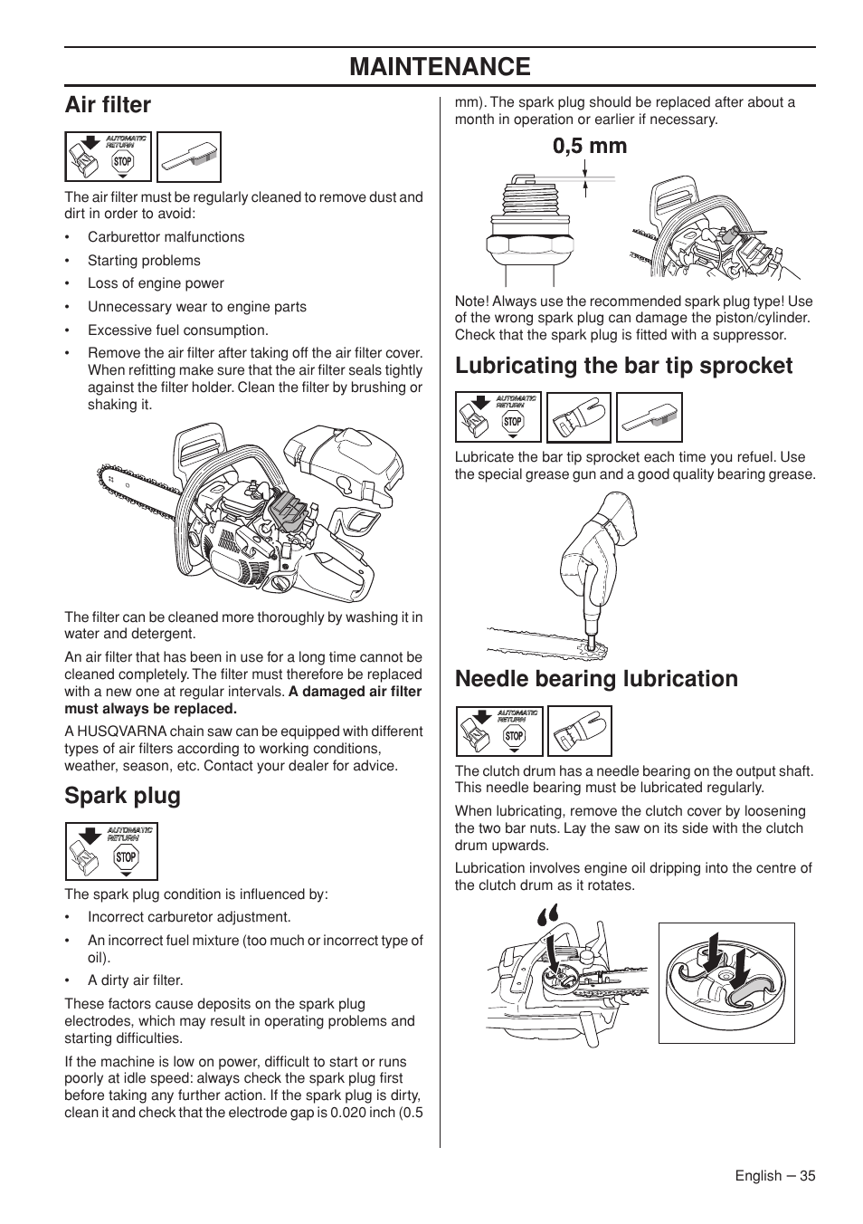Air filter, Spark plug, Lubricating the bar tip sprocket | Needle bearing lubrication, Maintenance | Husqvarna 445e TrioBrake User Manual | Page 35 / 84