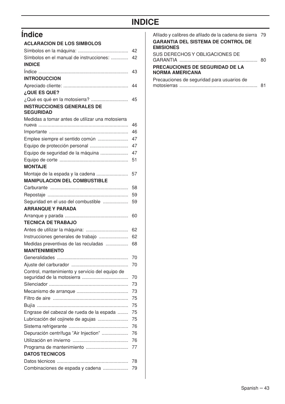 Índice, Indice | Husqvarna 445e TrioBrake User Manual | Page 43 / 84