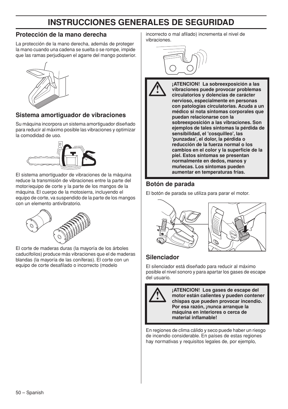 Protección de la mano derecha, Sistema amortiguador de vibraciones, Botón de parada | Silenciador, Instrucciones generales de seguridad | Husqvarna 445e TrioBrake User Manual | Page 50 / 84