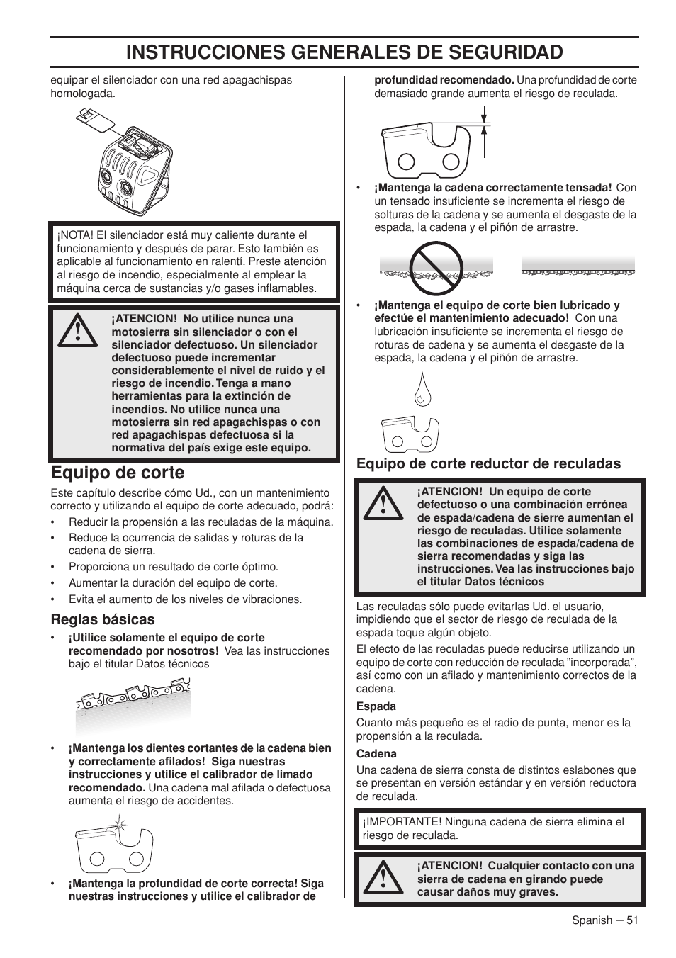 Equipo de corte, Reglas básicas, Equipo de corte reductor de reculadas | Instrucciones generales de seguridad | Husqvarna 445e TrioBrake User Manual | Page 51 / 84