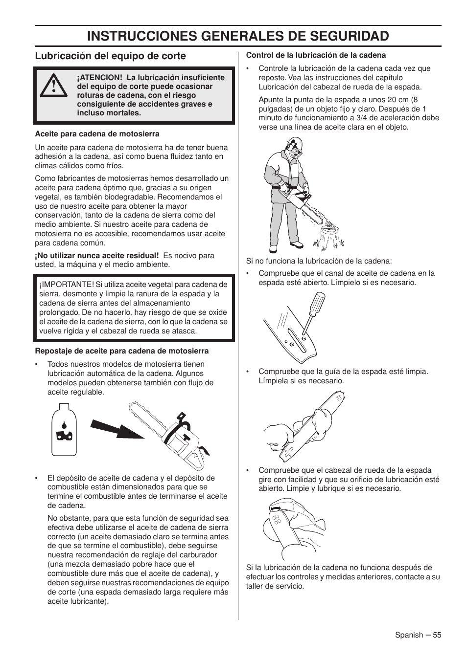 Lubricación del equipo de corte, Instrucciones generales de seguridad | Husqvarna 445e TrioBrake User Manual | Page 55 / 84